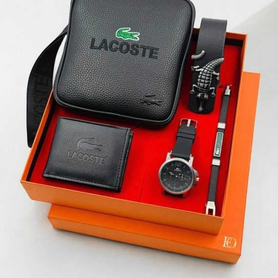 Coffret accessoires Lacoste : sac bandoulière, bracelet, portefeuille et montre